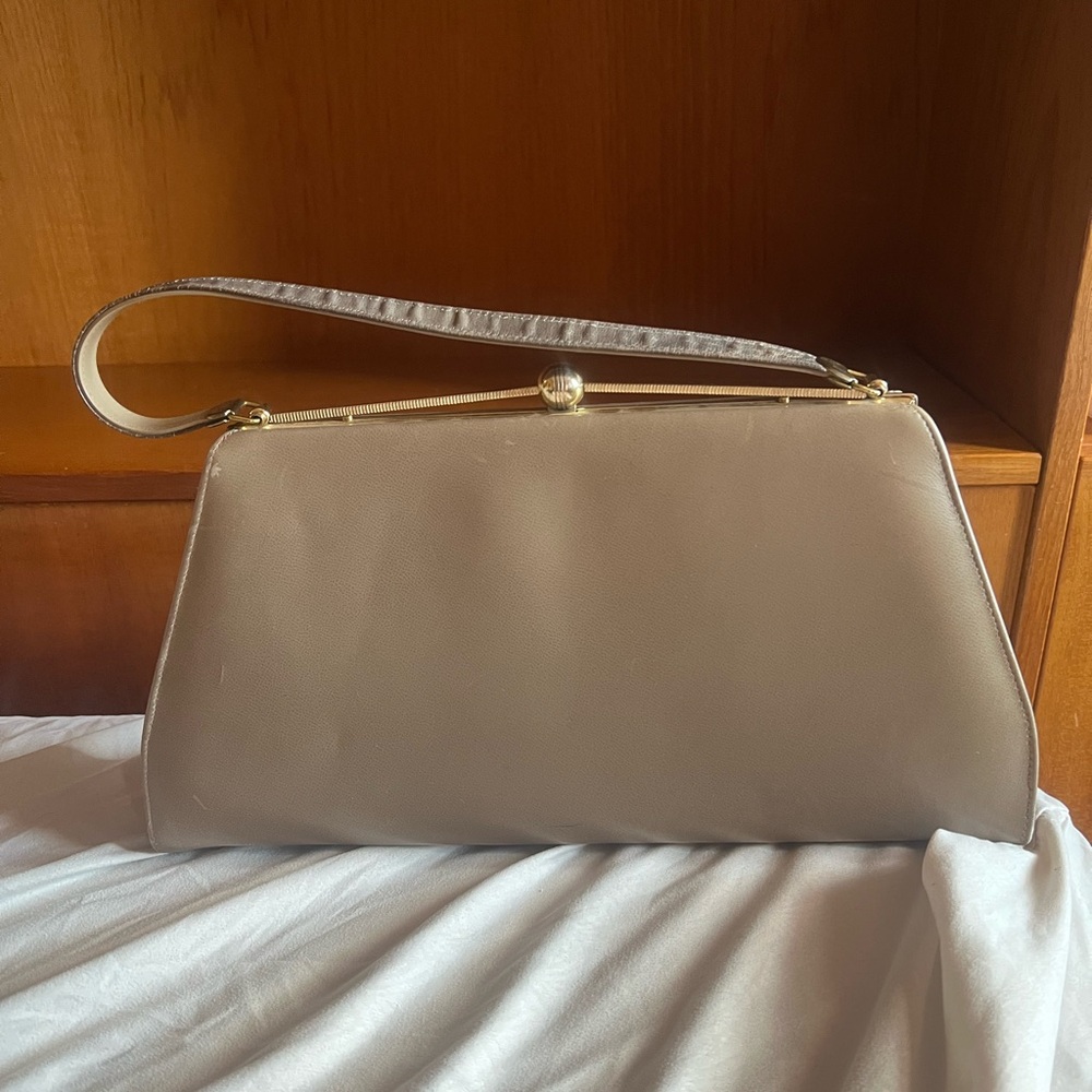 Large Vintage Taupe Clutch Handbag Purse